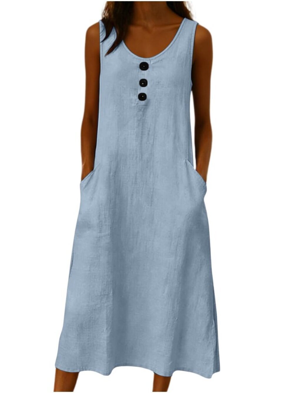 🆕 Linen Midi Dresses for Women Summer Solid Boho Beach Dress Crew Neck